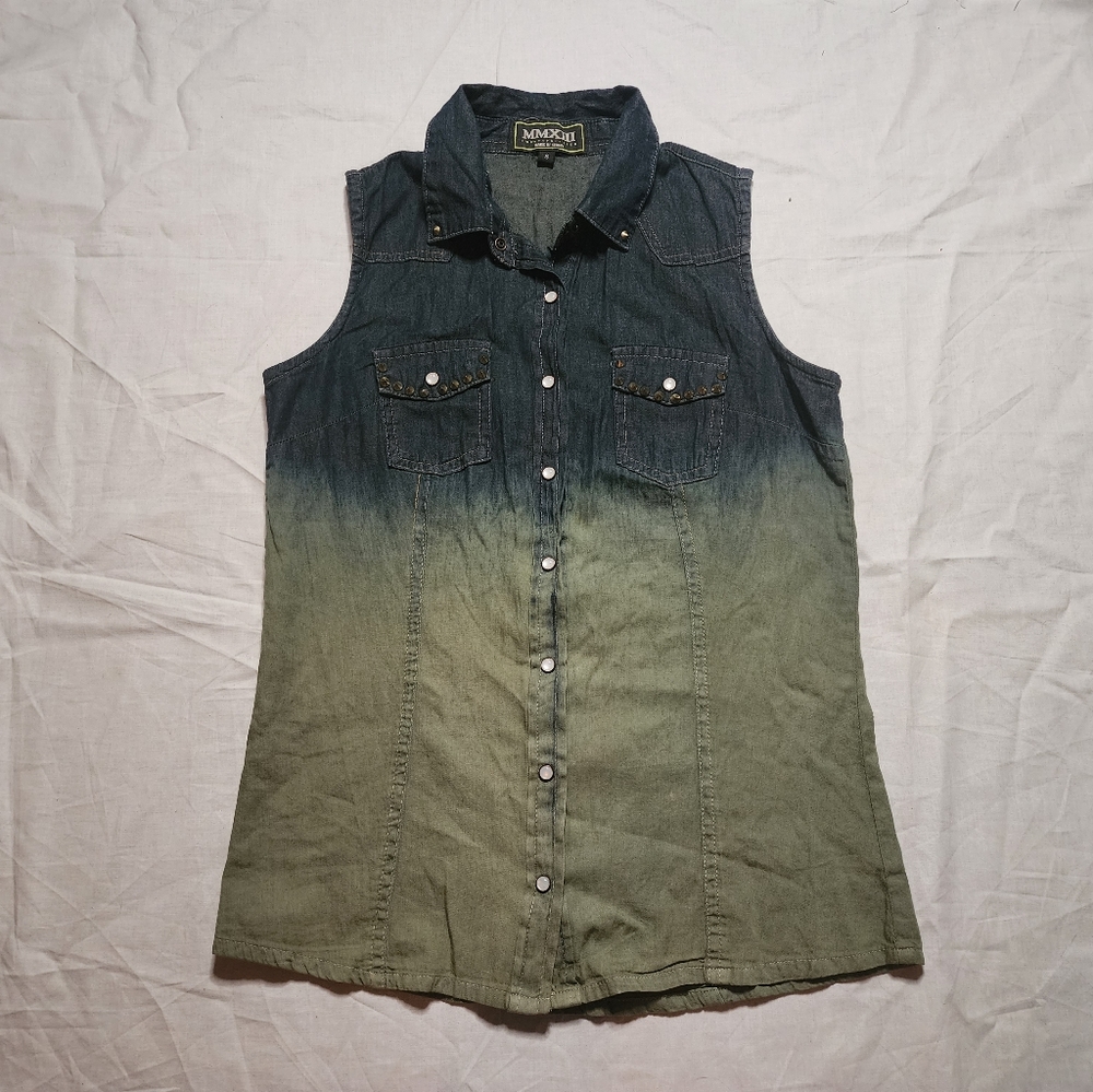 TWENTYTHIRTEEN Tank Top Women's Small Blue Green Denim Shirt Button Down Top